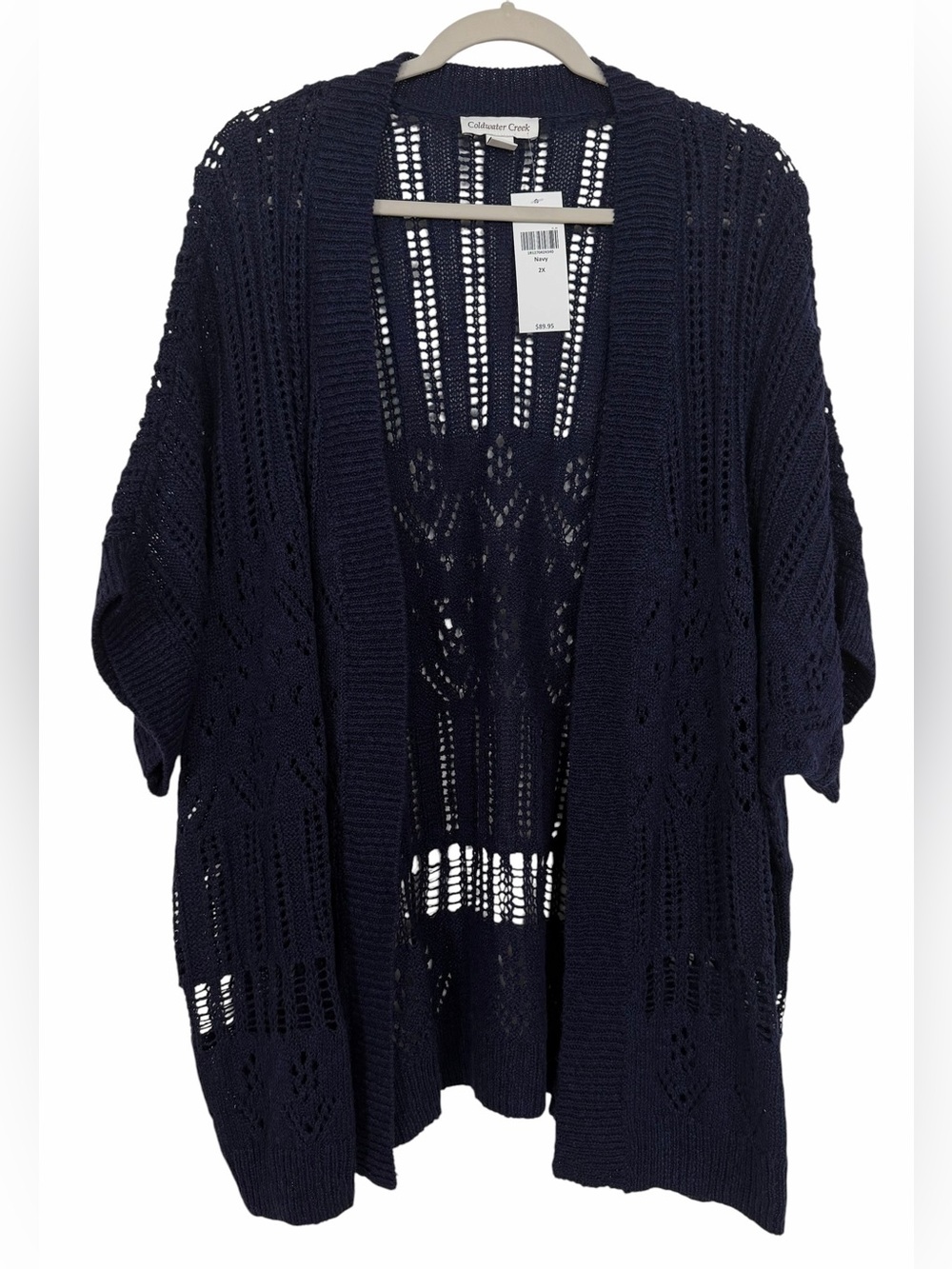 Coldwater Creek Pointelle Open Knit Cardigan Navy Blue Linen Cotton Size 2X